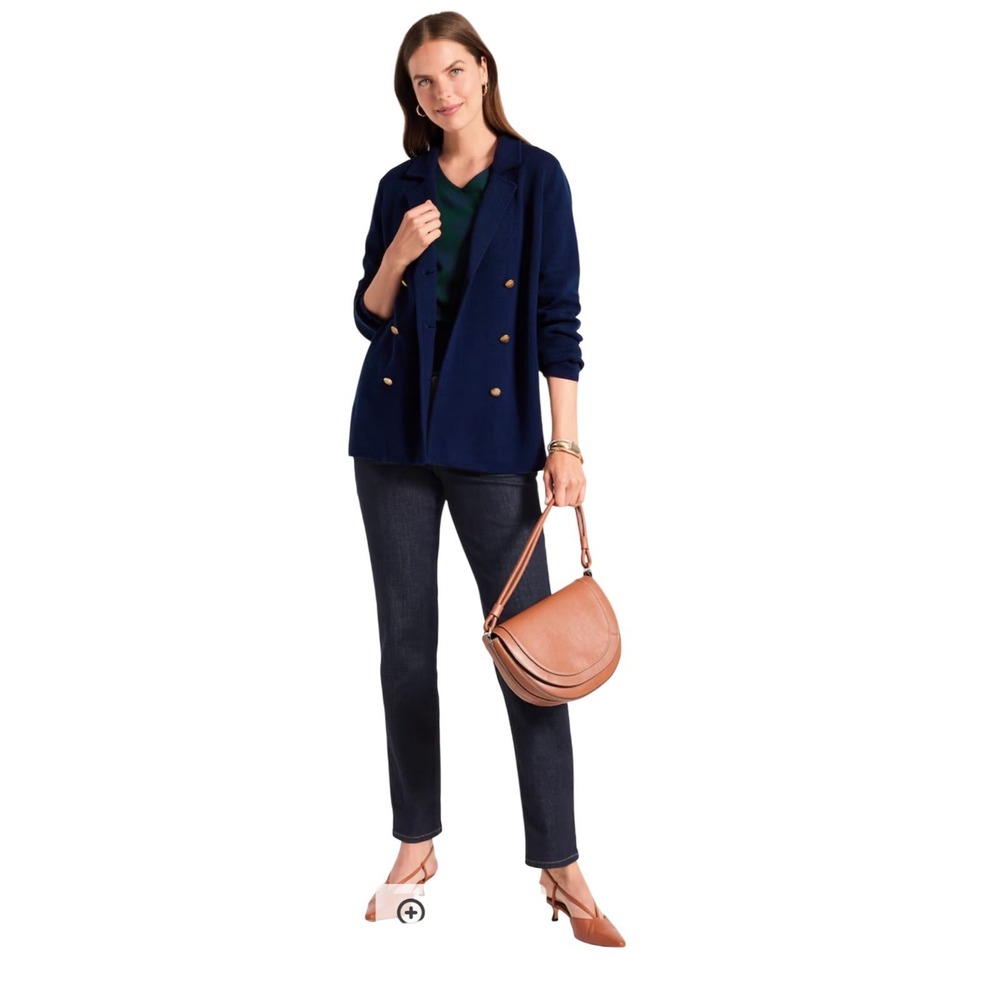 J.Jill Blazer Womens L Wearever Double Breasted Navy Blue Gold Button EUC